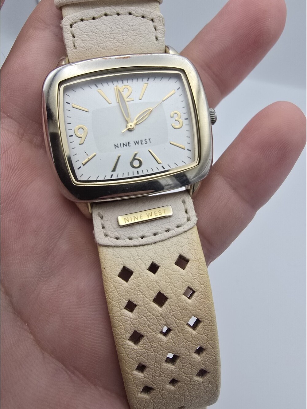 Nine West NW/1080 Gold Tone Tonneau Cream Perforated Leather Analog Quartz Watch - Picture 2 of 9